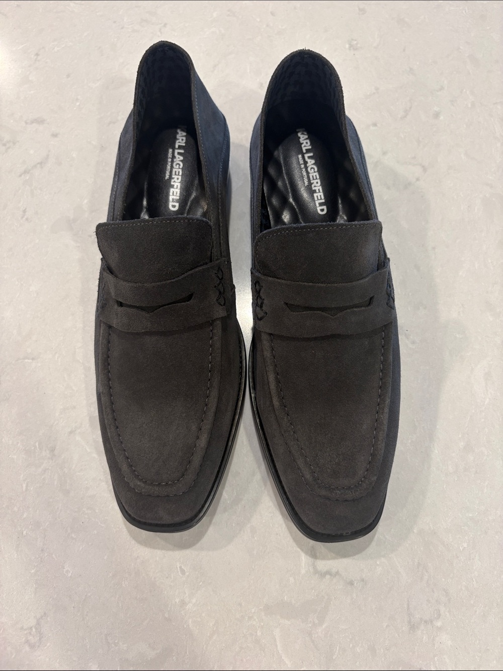 Karl Lagerfeld Men's Suede Penny Loafers in Charcoal Black